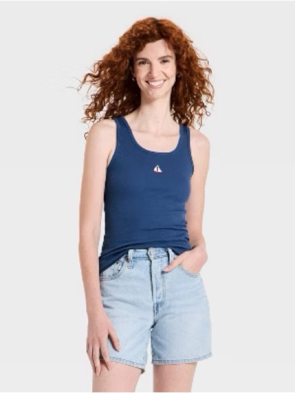 Universal Thread Blue Ribbed Tank with Sailboat Embroidery